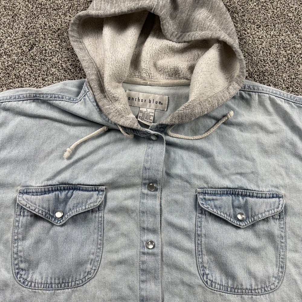 VINTAGE Anchor Blue Shirt Size Large Denim Shacket Hoodie‎ Pearl Snap Y2K Washed - Picture 4 of 8